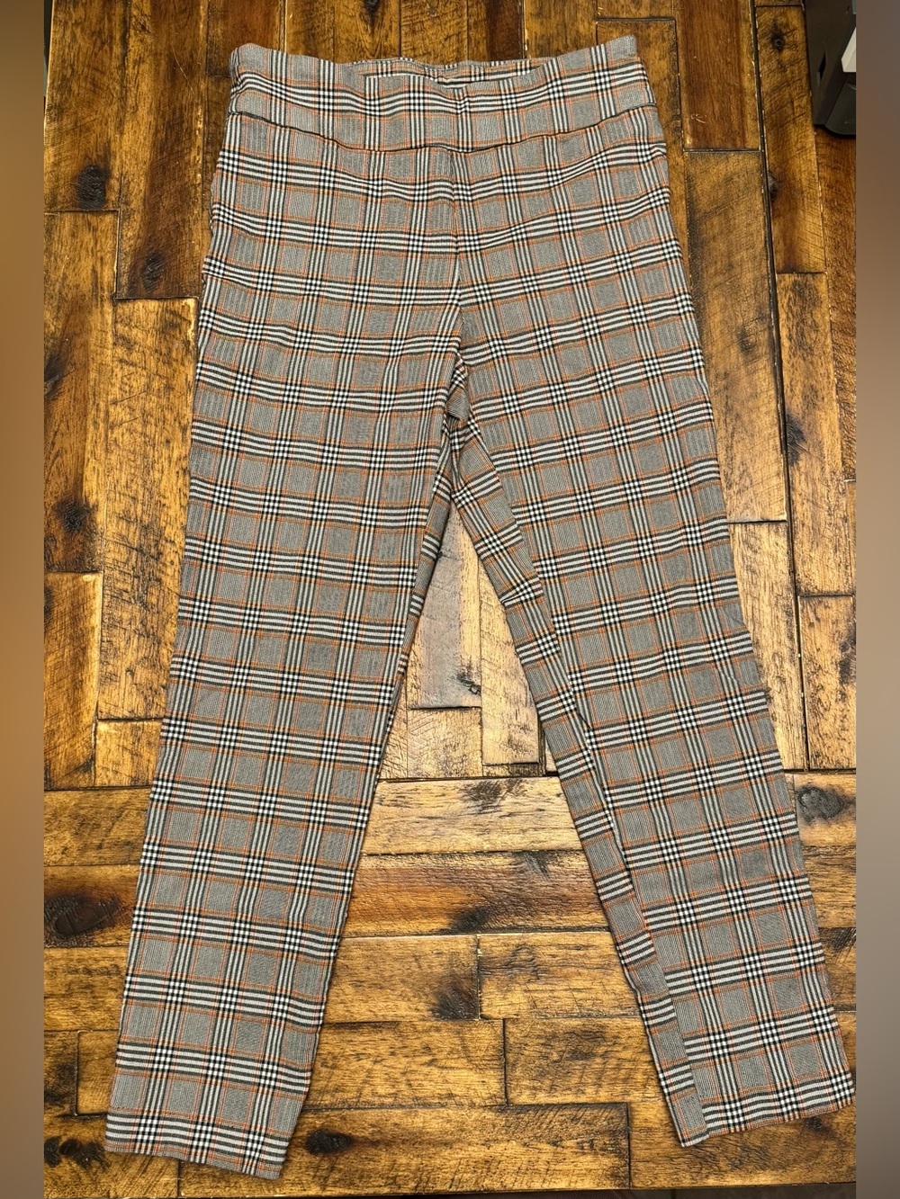 Women's Plaid Stretch Pants in Gray with Orange Check